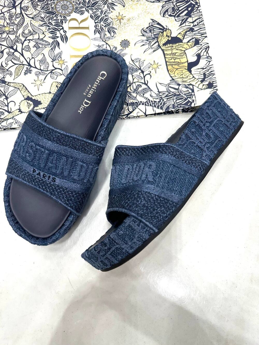 Christian Dior Dway Iconic Denim Logo Platform Slides Sz.38